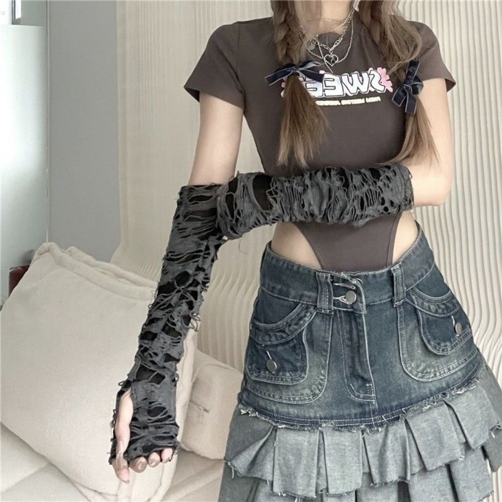 Fingerless Glove Knit - Uzun Punk Eldivenler Eskitilmiş Stil Koyu